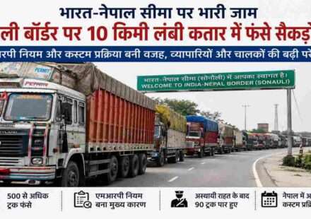 भारत-नेपाल सीमा स्थित सोनौली बॉर्डर पर लंबी कतार में खड़े ट्रक और कस्टम जांच का दृश्य।