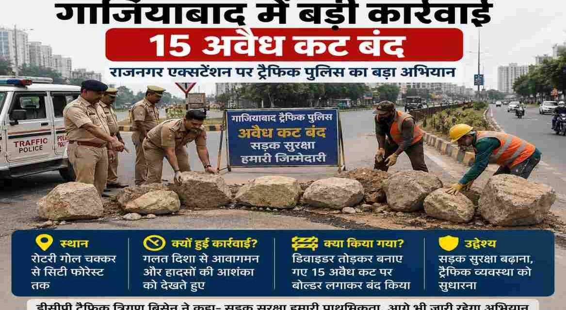 गाजियाबाद के राजनगर एक्सटेंशन मार्ग पर ट्रैफिक पुलिस द्वारा अवैध कटों को बोल्डर लगाकर बंद करते हुए दृश्य।