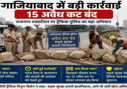 गाजियाबाद के राजनगर एक्सटेंशन मार्ग पर ट्रैफिक पुलिस द्वारा अवैध कटों को बोल्डर लगाकर बंद करते हुए दृश्य।