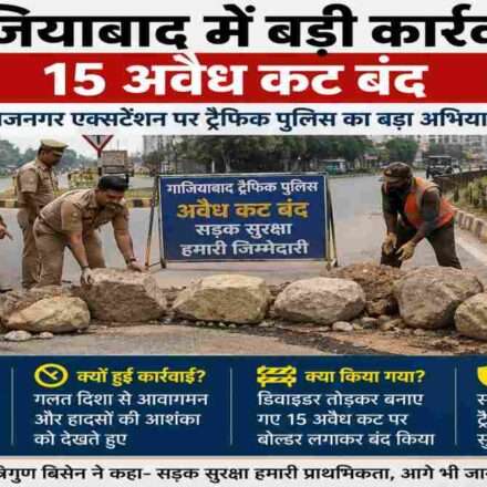 गाजियाबाद के राजनगर एक्सटेंशन मार्ग पर ट्रैफिक पुलिस द्वारा अवैध कटों को बोल्डर लगाकर बंद करते हुए दृश्य।
