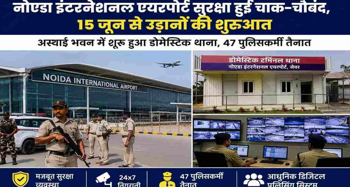 जेवर स्थित नोएडा इंटरनेशनल एयरपोर्ट पर तैनात पुलिसकर्मी और आधुनिक सुरक्षा व्यवस्था का दृश्य।
