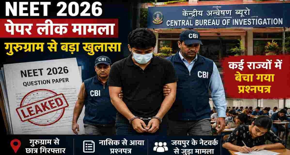 NEET Paper 2026 Leak | गुरुग्राम कनेक्शन के बाद जांच तेज, CBI ने शुरू की पूछताछ CBI और राजस्थान एसओजी द्वारा NEET Paper 2026 Leak मामले में गुरुग्राम कनेक्शन की जांच करते हुए प्रतीकात्मक दृश्य।