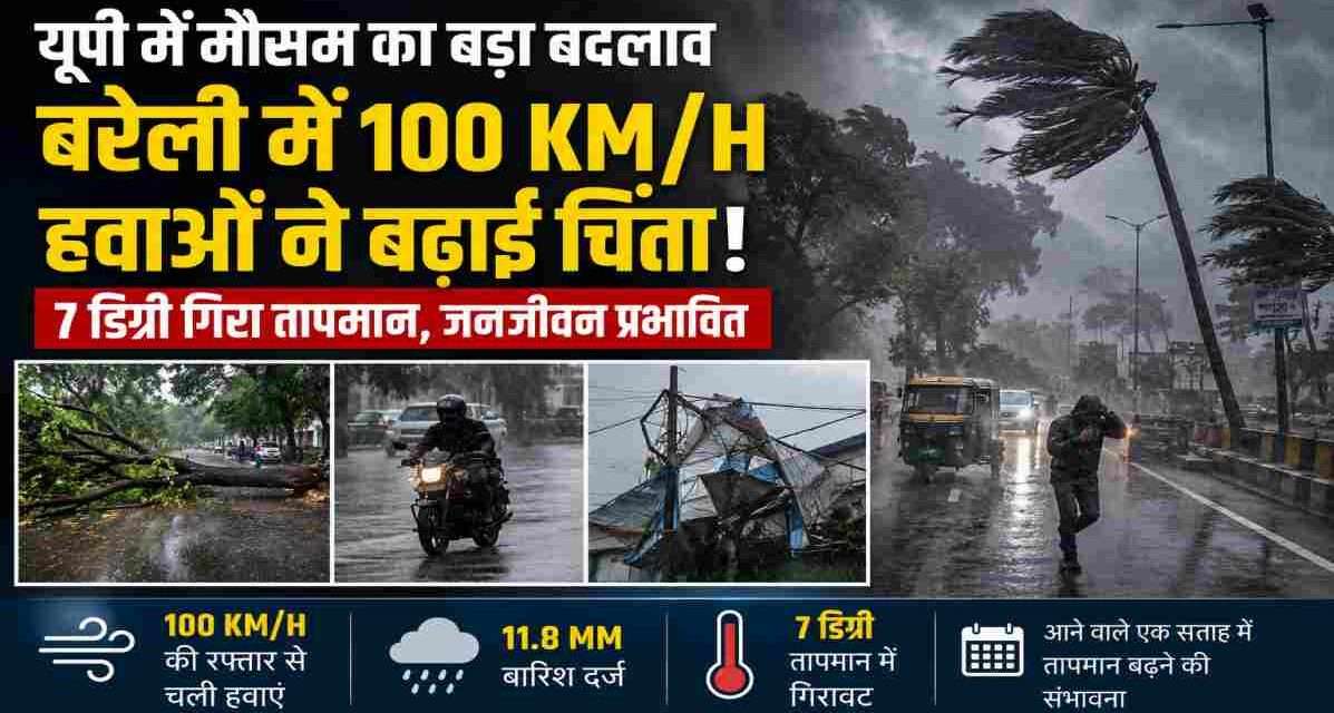 उत्तर प्रदेश के बरेली शहर में काले बादलों, तेज हवाओं और बारिश के बीच सड़क पर संघर्ष करते लोग और झूमते पेड़।