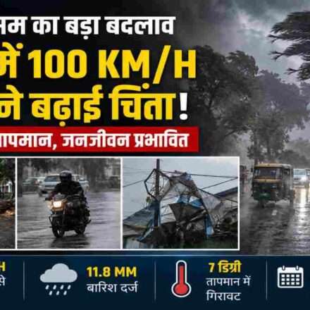 उत्तर प्रदेश के बरेली शहर में काले बादलों, तेज हवाओं और बारिश के बीच सड़क पर संघर्ष करते लोग और झूमते पेड़।