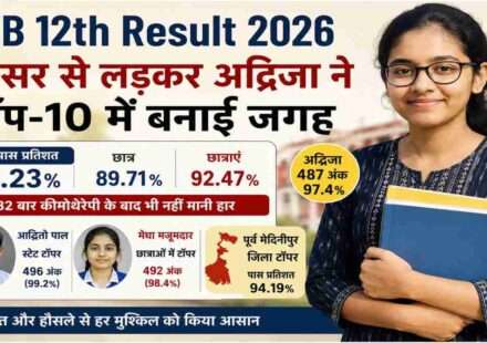 एक छात्रा किताबों के साथ मुस्कुराते हुए दिखाई दे रही है। बैकग्राउंड में West Bengal Board Result 2026 का प्रतीकात्मक दृश्य है।