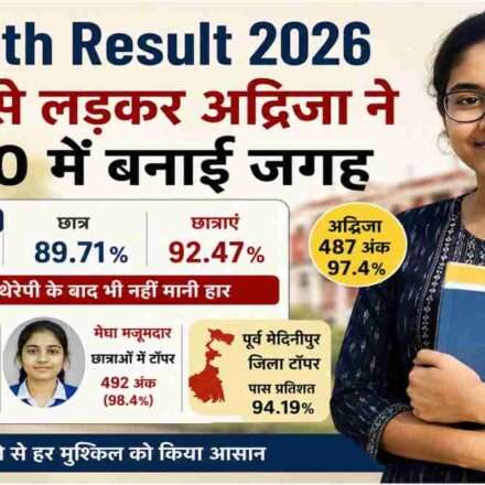 एक छात्रा किताबों के साथ मुस्कुराते हुए दिखाई दे रही है। बैकग्राउंड में West Bengal Board Result 2026 का प्रतीकात्मक दृश्य है।