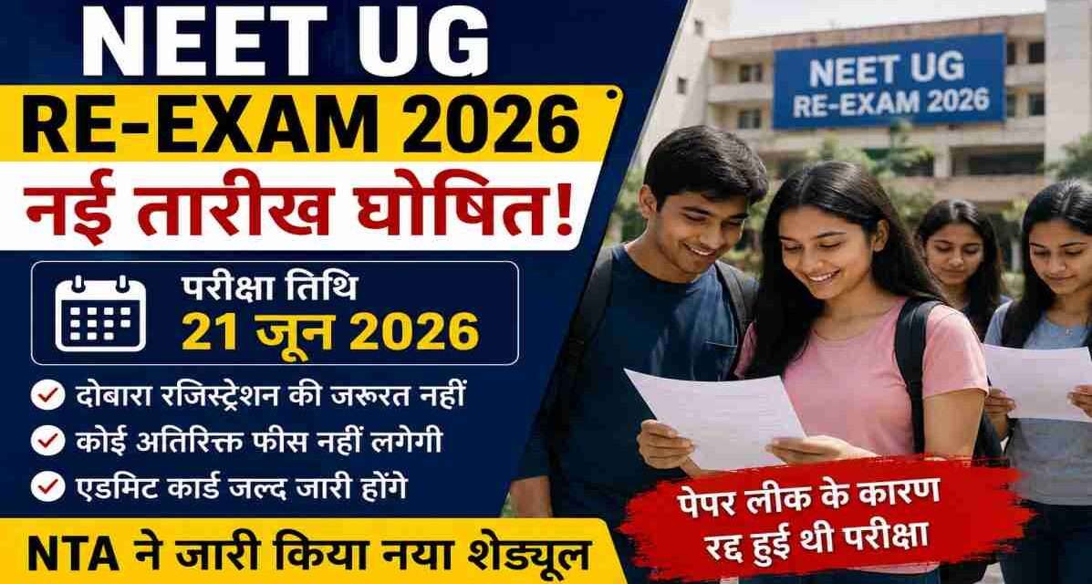 NEET UG Re-Exam 2026 | 21 जून को फिर होगी परीक्षा, NTA ने जारी किया नया अपडेट परीक्षा केंद्र के बाहर खड़े छात्र, हाथ में एडमिट कार्ड और बैकग्राउंड में NEET UG Re-Exam 2026 से जुड़ा बोर्ड।