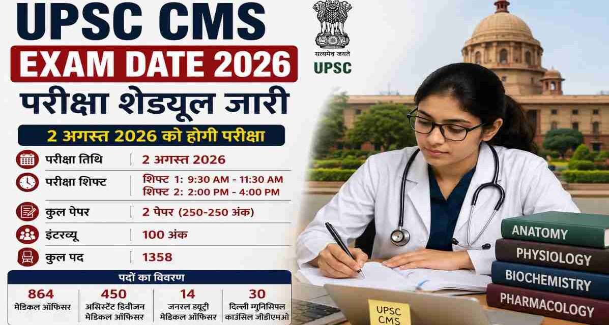 मेडिकल प्रतियोगी परीक्षा की तैयारी करते छात्र, लैपटॉप और किताबों के साथ UPSC CMS Exam Date 2026 की जानकारी देखते हुए।