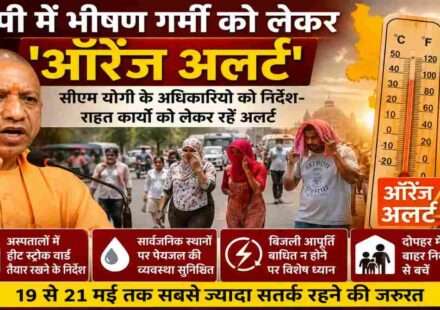 भीषण गर्मी से परेशान लोग, तेज धूप, खाली सड़कें और उत्तर प्रदेश में हीटवेव की स्थिति को दर्शाती प्रतीकात्मक तस्वीर।