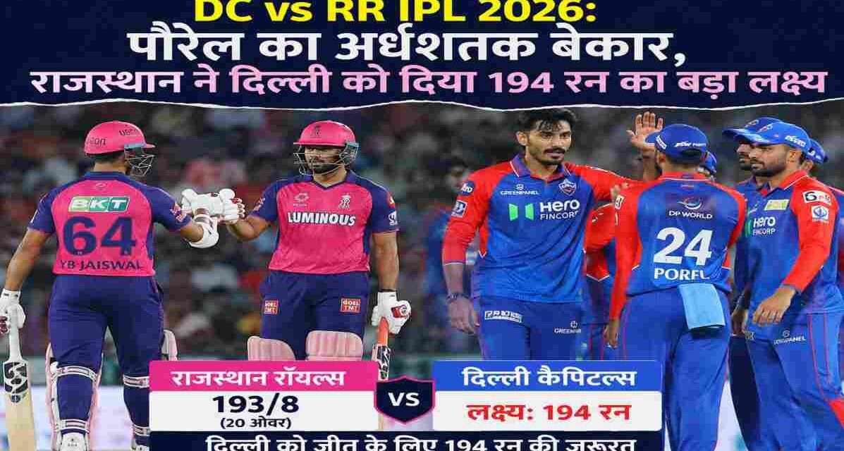 अरुण जेटली स्टेडियम में DC vs RR IPL 2026 मैच के दौरान बल्लेबाजी करते खिलाड़ी और मैदान का लाइव माहौल।