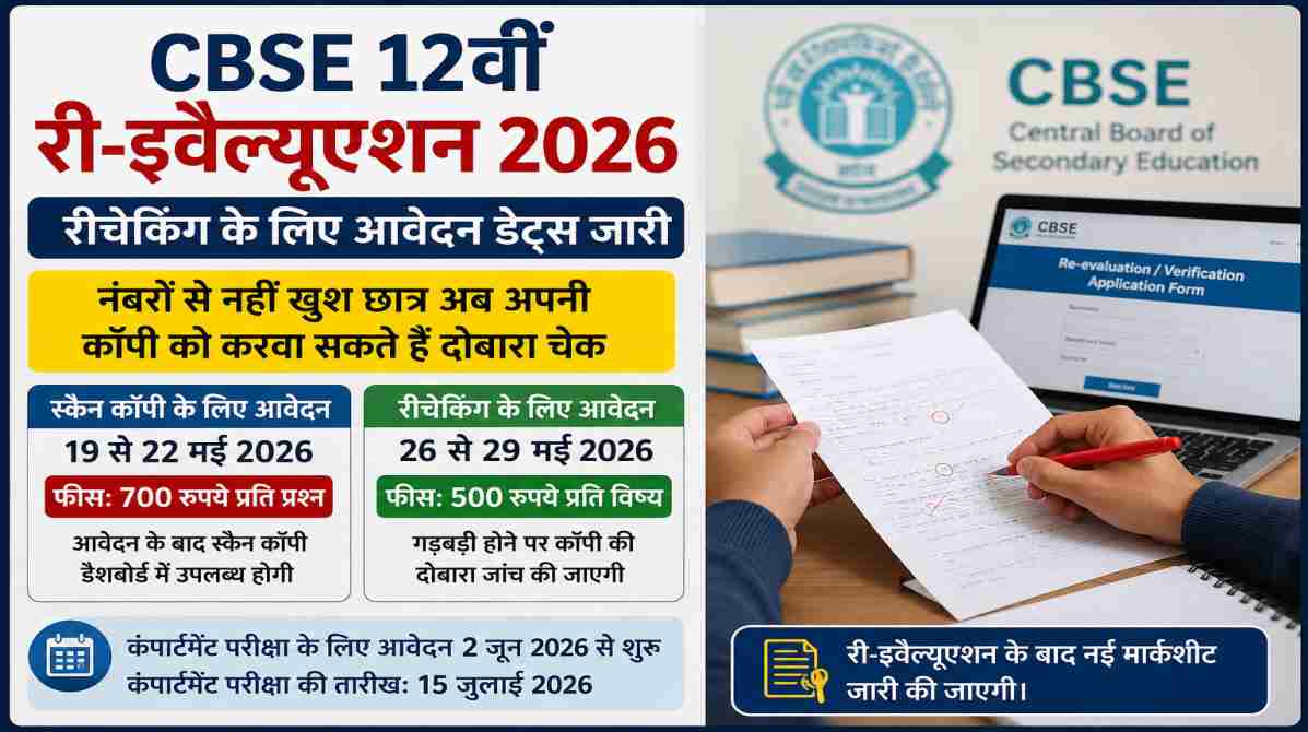 CBSE 12वीं री-इवैल्यूएशन 2026 | रीचेकिंग के लिए आवेदन डेट्स जारी, जानें पूरी प्रक्रिया