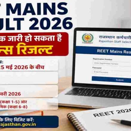 लैपटॉप पर REET Mains Result 2026 चेक करते छात्र का प्रतीकात्मक दृश्य।