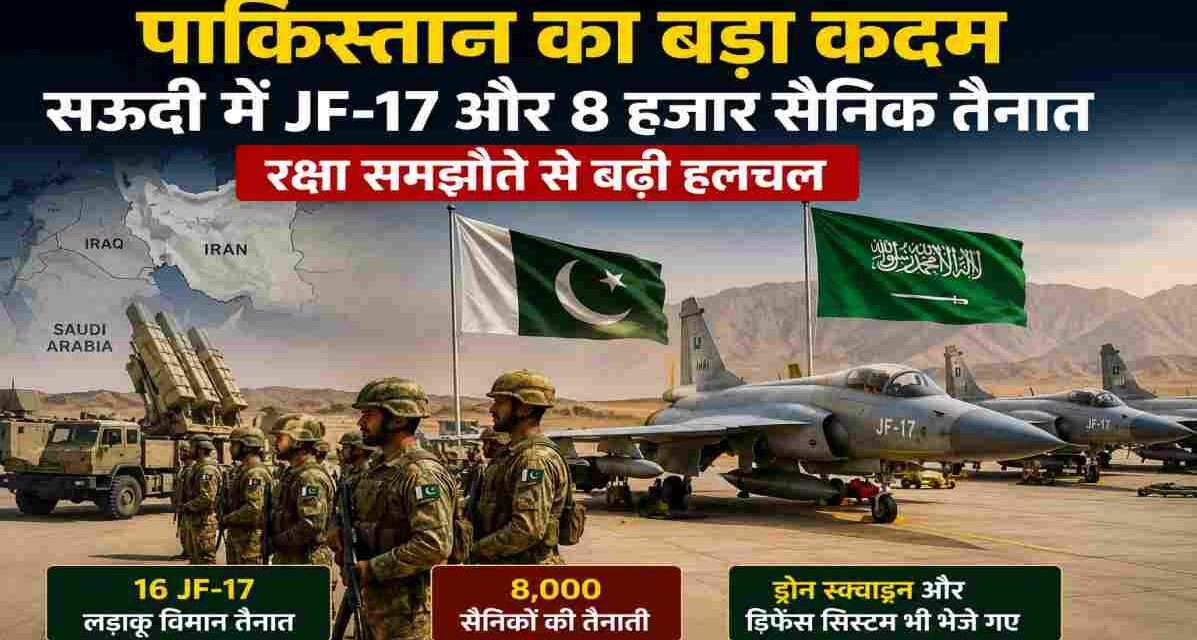 मध्य पूर्व के रेगिस्तानी सैन्य बेस पर खड़े JF-17 लड़ाकू विमान, ड्रोन और सैनिकों की हाई-डिटेल न्यूज़ स्टाइल इमेज।