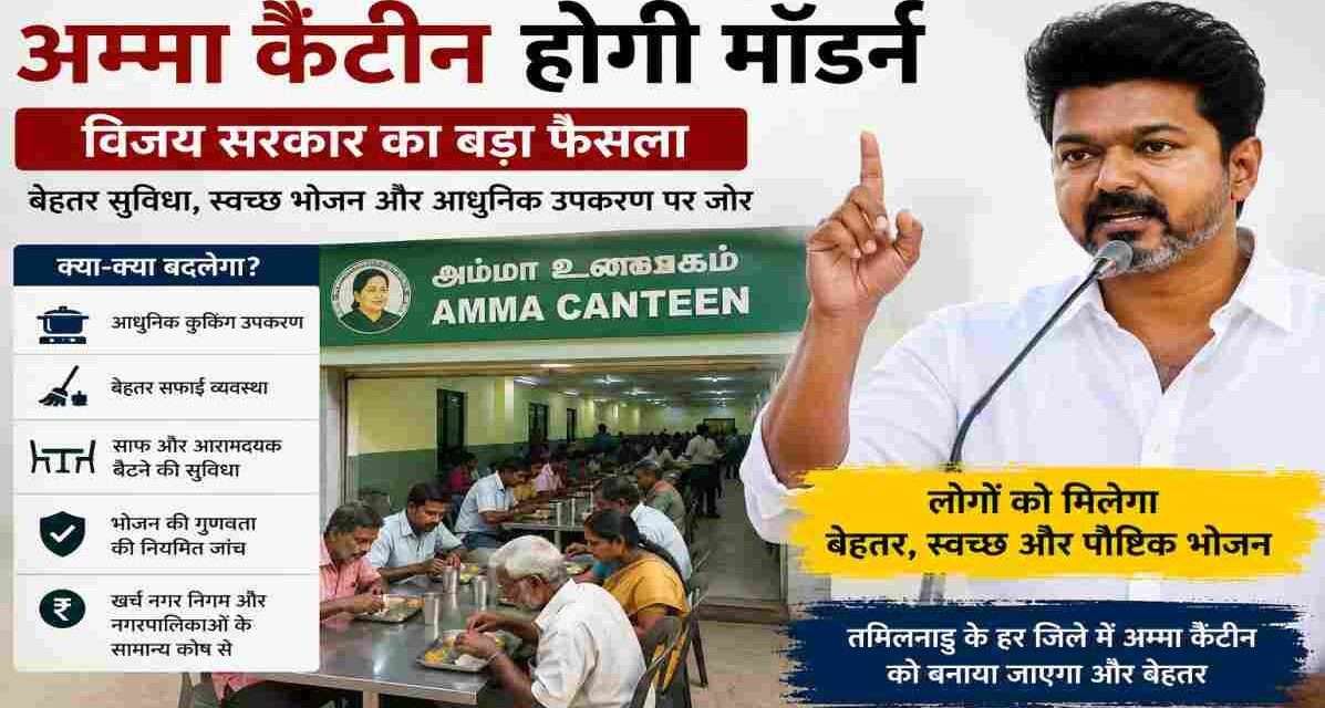 अम्मा कैंटीन में भोजन करते लोग और कैंटीन के आधुनिकीकरण से जुड़ी प्रतीकात्मक तस्वीर।