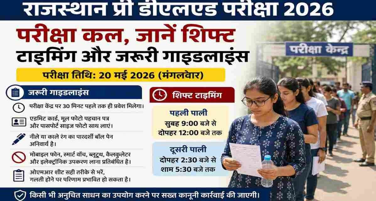 राजस्थान प्री डीएलएड परीक्षा 2026 के लिए परीक्षा केंद्र पर पहुंचते छात्र और सुरक्षा जांच का दृश्य।