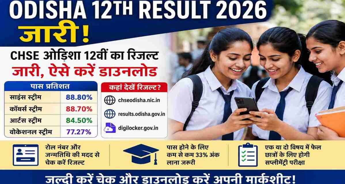 CHSE Odisha 12th Result 2026 ऑनलाइन जारी, छात्र वेबसाइट और डिजीलॉकर पर मार्कशीट डाउनलोड करते हुए।