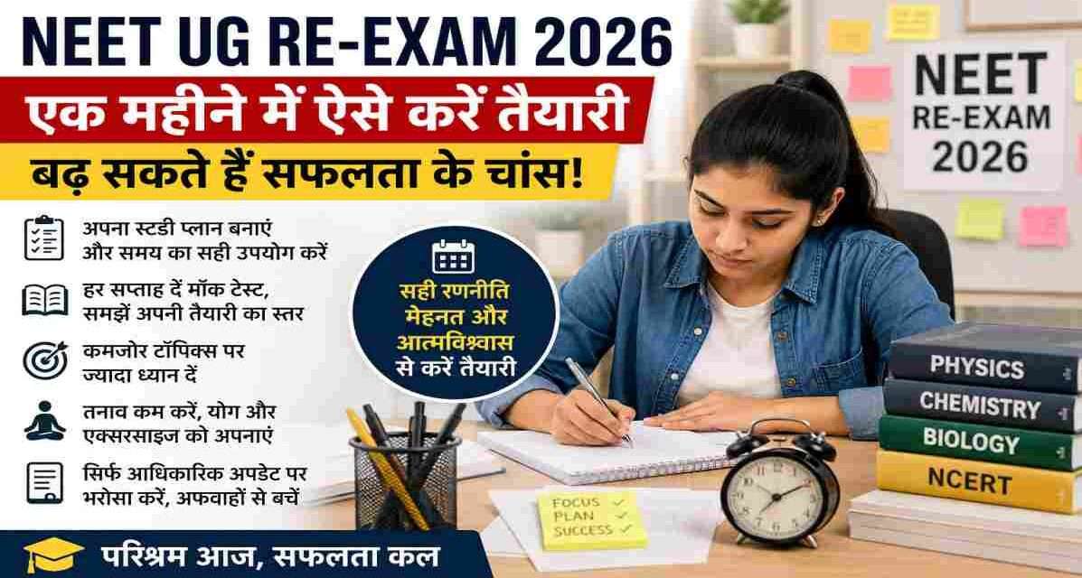 NEET UG Re-Exam 2026 | एक महीने में ऐसे करें तैयारी, बढ़ सकते हैं सफलता के चांस स्टडी टेबल पर किताबों और नोट्स के साथ NEET UG Re-Exam 2026 की तैयारी करते मेडिकल छात्र।