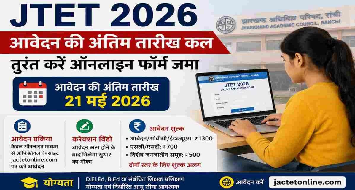 JTET 2026 आवेदन की अंतिम तारीख कल | तुरंत करें ऑनलाइन फॉर्म जमा लैपटॉप पर JTET 2026 आवेदन फॉर्म भरते हुए छात्र, बैकग्राउंड में झारखंड शिक्षा और परीक्षा से जुड़े प्रतीकात्मक ग्राफिक्स।