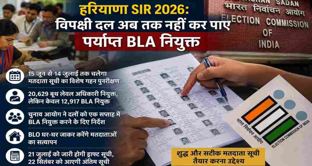 हरियाणा SIR 2026 | विपक्षी दल अब तक नहीं कर पाए पर्याप्त BLA नियुक्त हरियाणा SIR 2026 अभियान के तहत मतदाता सूची सत्यापन और BLA नियुक्ति प्रक्रिया का सांकेतिक दृश्य।