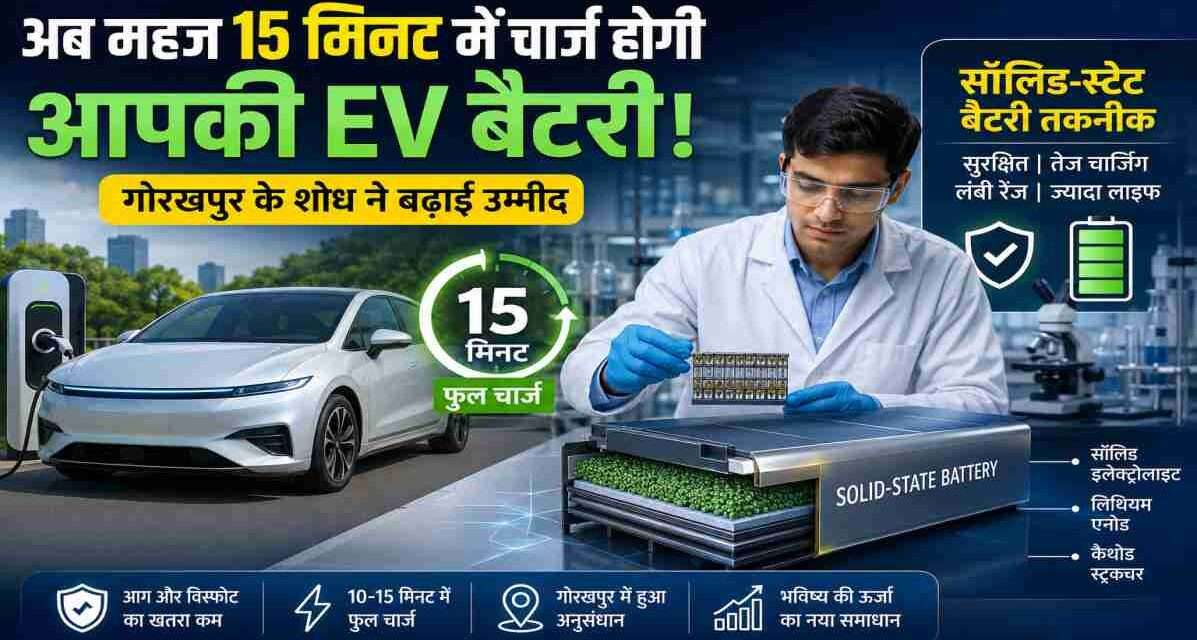 15 मिनट में चार्ज होगी EV बैटरी | गोरखपुर के शोध ने बढ़ाई उम्मीद इलेक्ट्रिक वाहन के साथ आधुनिक सॉलिड-स्टेट बैटरी तकनीक का कॉन्सेप्ट विजुअल।