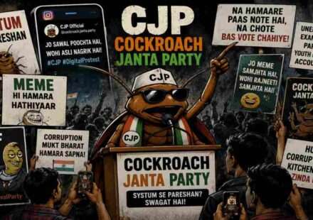 एक symbolic digital protest image जिसमें युवा सोशल मीडिया campaign और viral memes के जरिए अपनी नाराजगी जाहिर करते दिख रहे हैं।