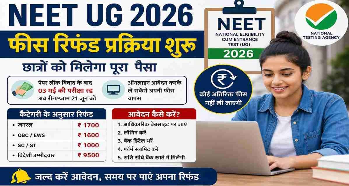 लैपटॉप पर NEET UG फीस रिफंड पोर्टल चेक करते छात्र का प्रतीकात्मक दृश्य।