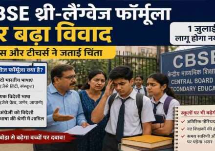 स्कूल के बाहर खड़े छात्र और अभिभावक, जहां CBSE थ्री-लैंग्वेज फॉर्मूला को लेकर चर्चा हो रही है।