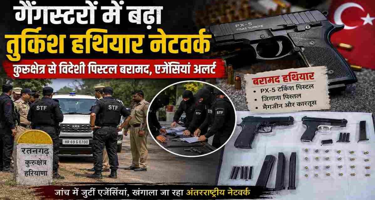 गैंगस्टरों में बढ़ा टर्किश हथियार नेटवर्क का खतरा | एजेंसियां अलर्ट सुरक्षा एजेंसियां टर्किश हथियार नेटवर्क और विदेशी पिस्टल तस्करी की जांच करती हुई दिखाई गई हैं।
