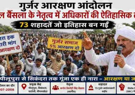 राजस्थान में गुर्जर आरक्षण आंदोलन के दौरान रेलवे ट्रैक पर बैठे प्रदर्शनकारी और नेतृत्व करते कर्नल बैंसला का प्रतीकात्मक दृश्य।