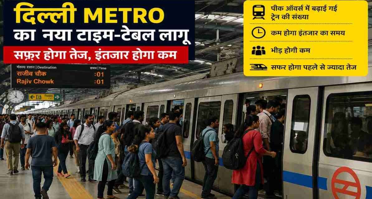 दिल्ली Metro Timing Change | DMRC के नए फैसले से बदलेगा राजधानी का सफर Delhi Metro station during peak hours with passengers boarding trains after the new timing update by DMRC.