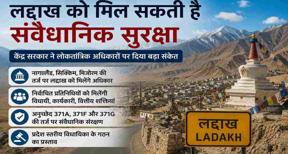 लद्दाख संवैधानिक सुरक्षा | केंद्र सरकार ने लोकतांत्रिक अधिकारों पर दिया बड़ा संकेत लद्दाख के पहाड़ी क्षेत्र का प्रतीकात्मक दृश्य, जहां संवैधानिक सुरक्षा और लोकतांत्रिक अधिकारों को लेकर चर्चा हो रही है।