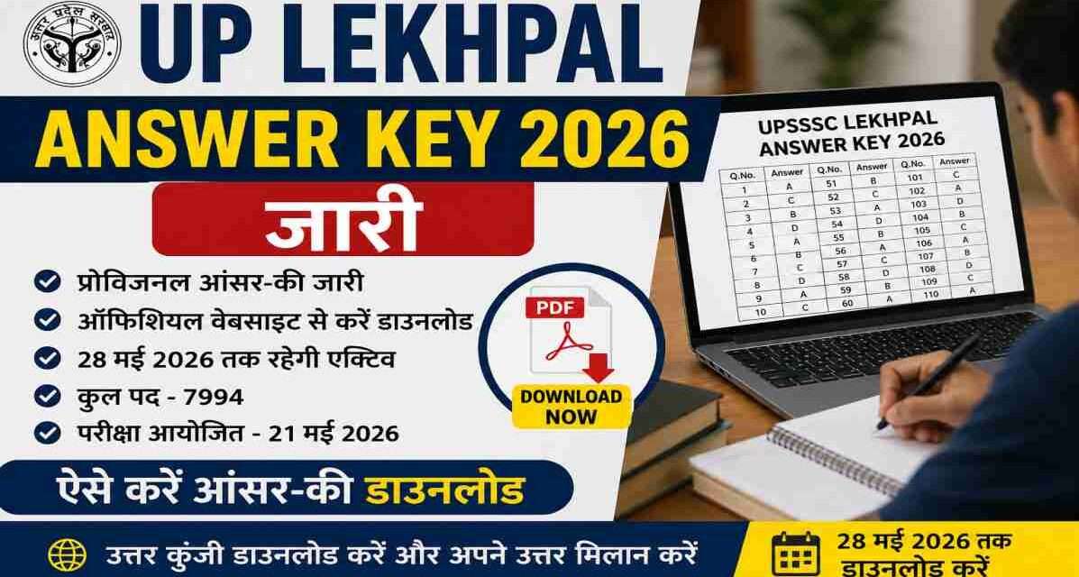 UP Lekhpal Answer Key 2026 जारी | ऐसे करें डाउनलोड लैपटॉप स्क्रीन पर खुली UP Lekhpal Answer Key 2026 की पीडीएफ फाइल और परीक्षा की तैयारी करते छात्र।