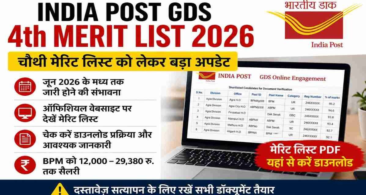 India Post GDS 4th Merit List 2026 | चौथी चयन सूची को लेकर बड़ा अपडेट लैपटॉप पर इंडिया पोस्ट GDS मेरिट लिस्ट चेक करते छात्र का प्रतीकात्मक दृश्य।