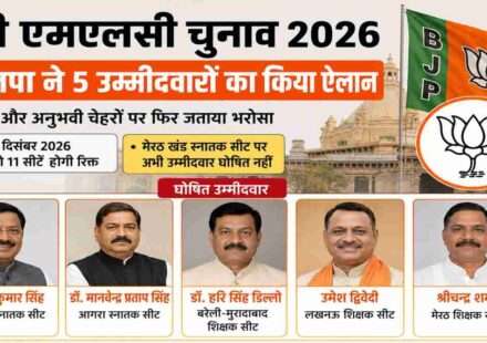 भाजपा नेताओं की बैठक के दौरान यूपी एमएलसी चुनाव 2026 उम्मीदवारों की सूची जारी करते हुए दृश्य।