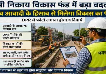 नगर निगम और नगर पंचायत क्षेत्रों में सड़क और नाली निर्माण कार्य का निरीक्षण करते अधिकारी, विकास योजनाओं की समीक्षा करते हुए।