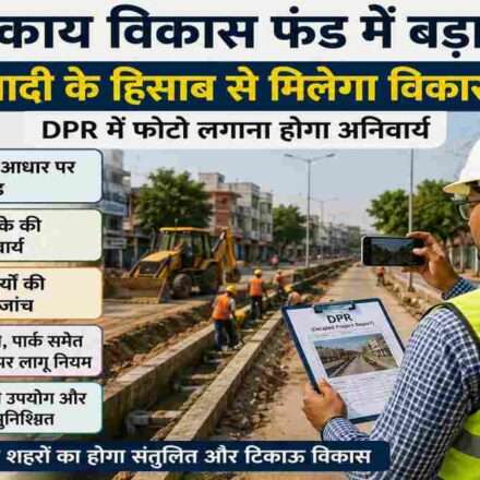 नगर निगम और नगर पंचायत क्षेत्रों में सड़क और नाली निर्माण कार्य का निरीक्षण करते अधिकारी, विकास योजनाओं की समीक्षा करते हुए।