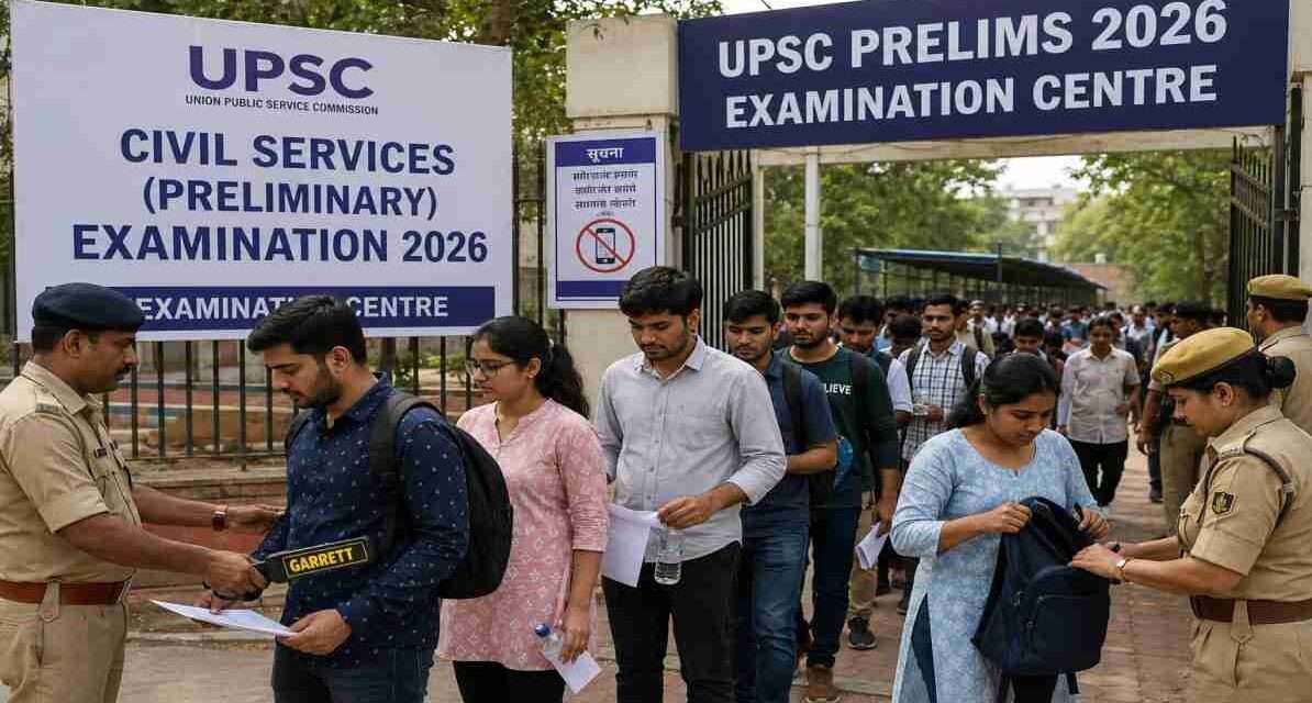ग्रेटर नोएडा के परीक्षा केंद्र के बाहर सुरक्षा जांच के बीच UPSC Prelims 2026 के अभ्यर्थियों की भीड़।