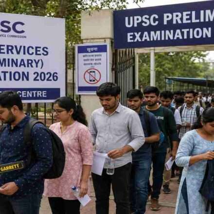 ग्रेटर नोएडा के परीक्षा केंद्र के बाहर सुरक्षा जांच के बीच UPSC Prelims 2026 के अभ्यर्थियों की भीड़।