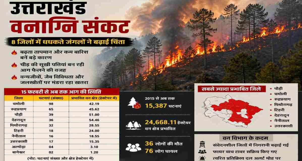 उत्तराखंड वनाग्नि संकट | 8 जिलों में धधकते जंगलों ने बढ़ाई चिंता उत्तराखंड के जंगलों में लगी भीषण आग, धुएं से घिरे पहाड़ी क्षेत्र और प्रभावित वन क्षेत्र का प्रतीकात्मक दृश्य।