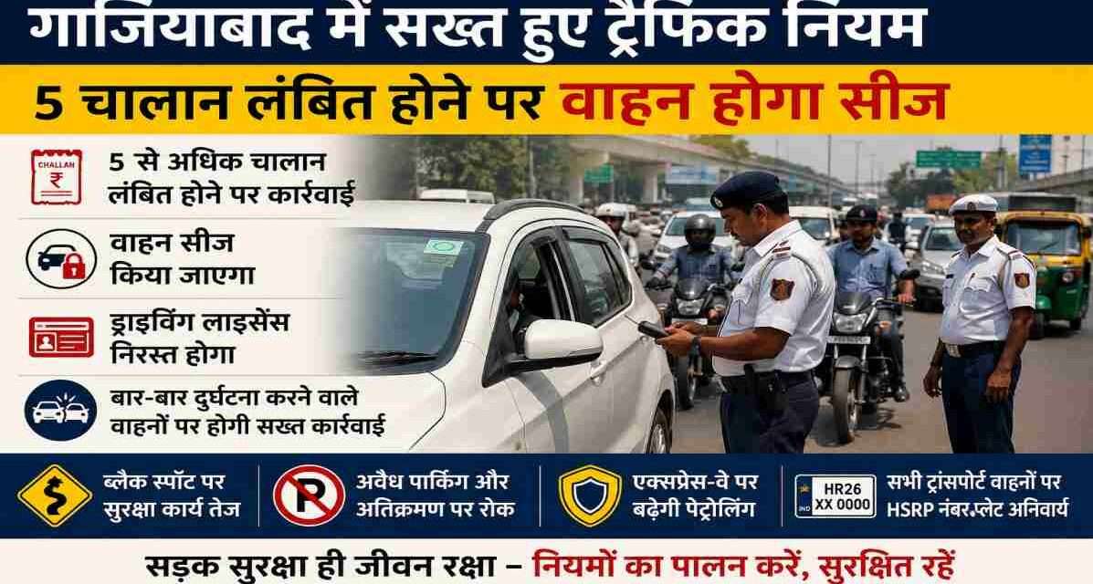 गाजियाबाद में सख्त हुए ट्रैफिक नियम | 5 चालान लंबित होने पर वाहन होगा सीज गाजियाबाद की सड़क पर ट्रैफिक पुलिस वाहनों की जांच करते हुए, सड़क सुरक्षा अभियान का दृश्य।