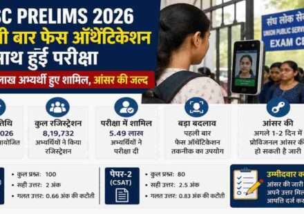 UPSC परीक्षा केंद्र के बाहर प्रवेश से पहले फेस स्कैनिंग प्रक्रिया से गुजरते अभ्यर्थियों का दृश्य।