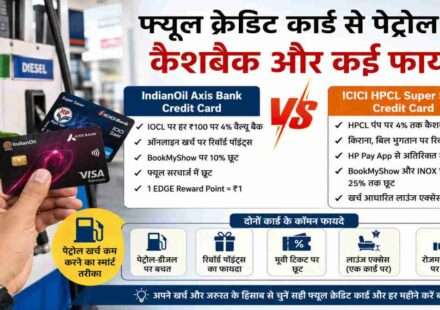 एक भारतीय पेट्रोल पंप पर ग्राहक फ्यूल क्रेडिट कार्ड से भुगतान करता हुआ, बैकग्राउंड में पेट्रोल डिस्पेंसर और डिजिटल पेमेंट का दृश्य।