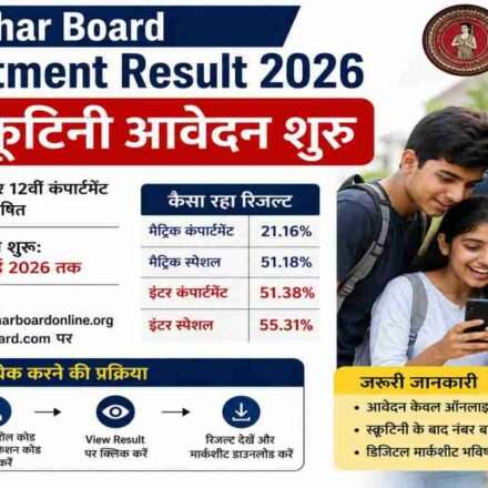 लैपटॉप और मोबाइल पर Bihar Board Compartment Result 2026 चेक करते हुए छात्र-छात्राओं का दृश्य।