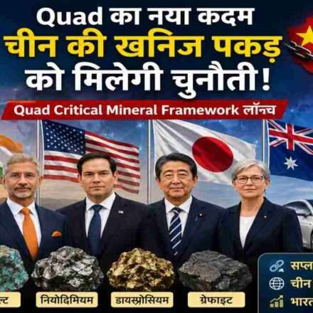 भारत, अमेरिका, जापान और ऑस्ट्रेलिया के नेताओं की प्रतीकात्मक तस्वीर, जिसमें क्रिटिकल मिनरल्स और वैश्विक सप्लाई चेन को दर्शाया गया हो।