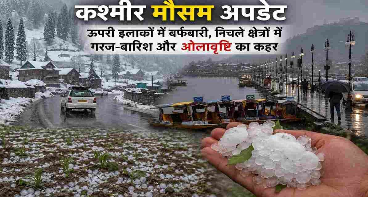 कश्मीर मौसम अपडेट | बर्फबारी, बारिश और ओलावृष्टि से घाटी में बढ़ी ठंड, किसानों की चिंता गहरी कश्मीर घाटी के पहाड़ी इलाकों में बर्फबारी और निचले क्षेत्रों में बारिश व ओलावृष्टि के दौरान का मौसम दृश्य।