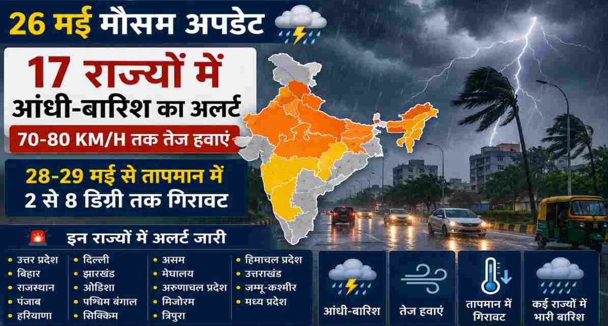 26 मई मौसम अपडेट | 17 राज्यों में आंधी-बारिश का अलर्ट, तेज हवाओं से बदलेगा मौसम आसमान में काले बादल, तेज हवाएं और बारिश के बीच शहर का दृश्य, जो 26 मई मौसम अपडेट और IMD अलर्ट को दर्शाता है।