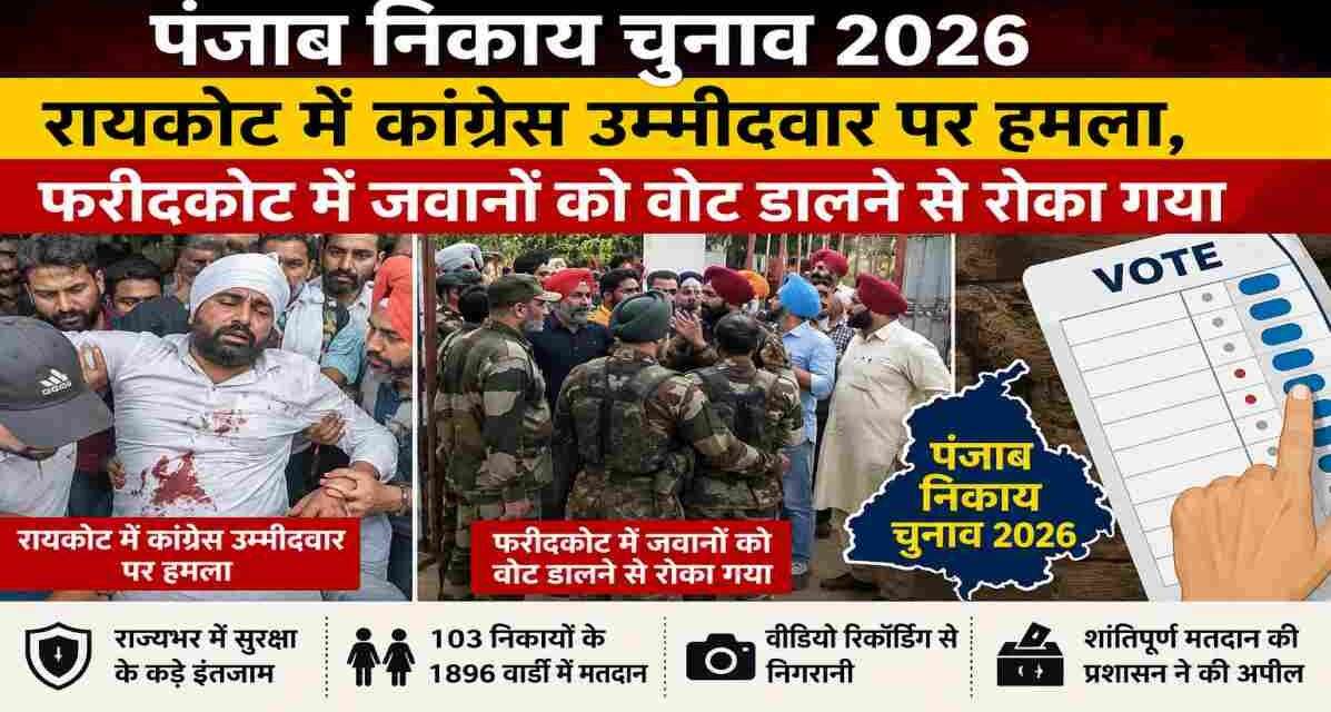 पंजाब में निकाय चुनाव के दौरान मतदान केंद्रों पर सुरक्षा के बीच वोट डालते मतदाता और पुलिस बल की निगरानी।