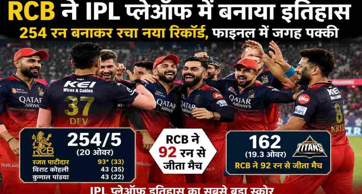 IPL 2026 क्वालीफायर में गुजरात टाइटंस के खिलाफ रिकॉर्ड स्कोर बनाने के बाद RCB टीम का जश्न।