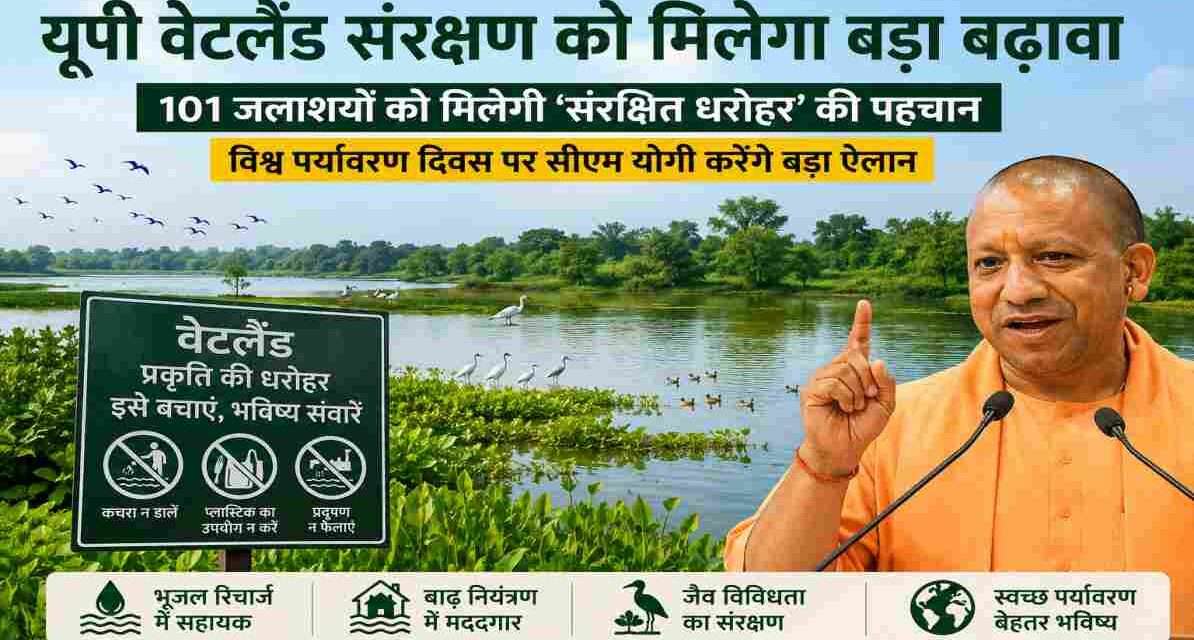 उत्तर प्रदेश के प्राकृतिक वेटलैंड, झील और जलाशयों का दृश्य जहां पर्यावरण संरक्षण और जल सुरक्षा पर फोकस दिखाया गया है।