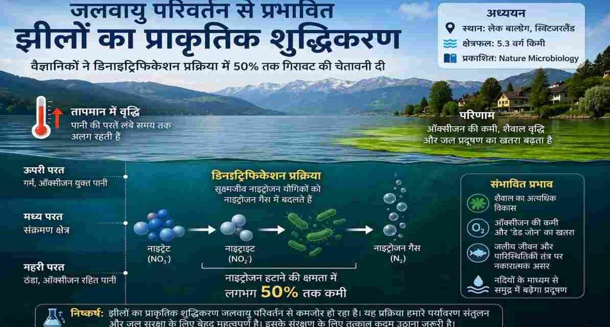 एक शांत झील का दृश्य, जहां बढ़ते तापमान और प्रदूषण के प्रभाव को वैज्ञानिक तरीके से दर्शाया गया हो।